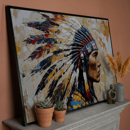 American Indian Chief Canvas Print with Tribal Headdress in black floating frame