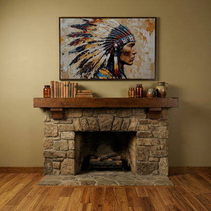 American Indian Chief Canvas Print with Tribal Headdress in dark walnut floating frame