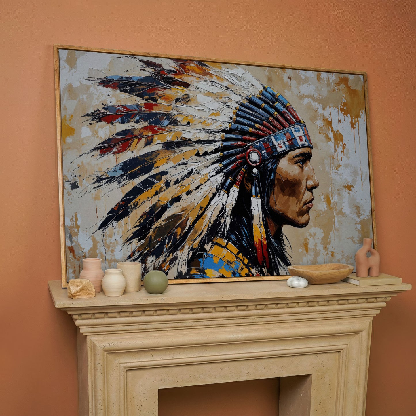 American Indian Chief Canvas Print with Tribal Headdress in white oak floating frame