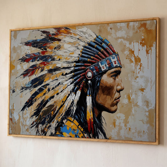 American Indian Chief Canvas Print with Tribal Headdress shown in white oak floating frame