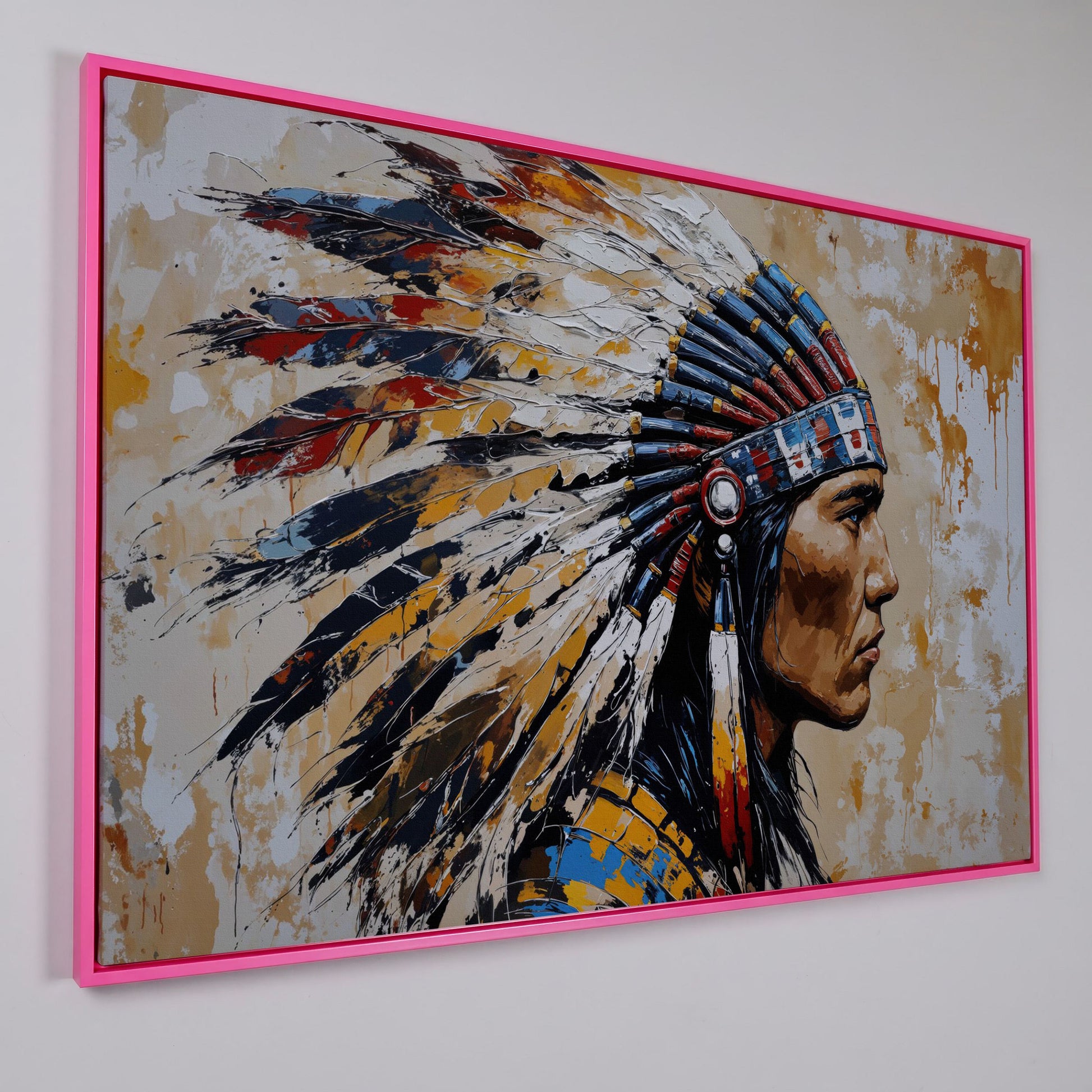 American Indian Chief Canvas Print with Tribal Headdress in pink floating frame