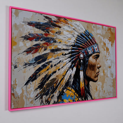 American Indian Chief Canvas Print with Tribal Headdress in pink floating frame