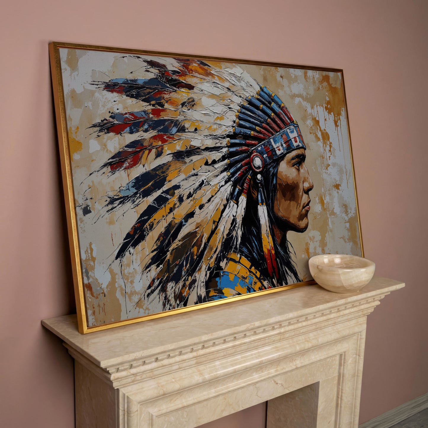 American Indian Chief Canvas Print with Tribal Headdress in rose gold floating frame