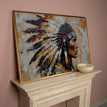 American Indian Chief Canvas Print with Tribal Headdress in rose gold floating frame