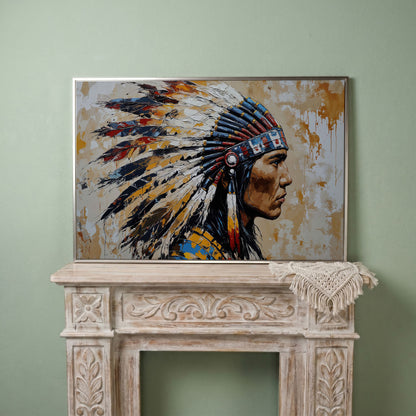 American Indian Chief Canvas Print with Tribal Headdress in silver floating frame