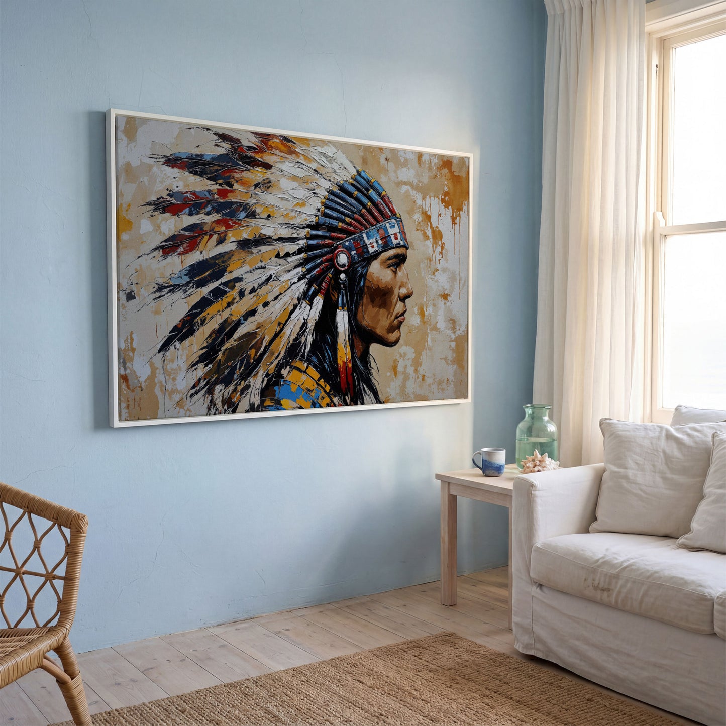 American Indian Chief Canvas Print with Tribal Headdress in white floating frame