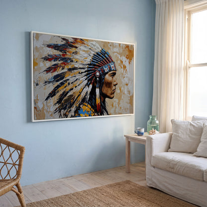 American Indian Chief Canvas Print with Tribal Headdress in white floating frame