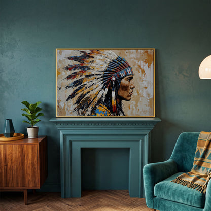 American Indian Chief Canvas Print with Tribal Headdress in yellow gold floating frame