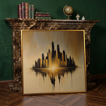 Urban Skyline Canvas Print in antique gold floating frame
