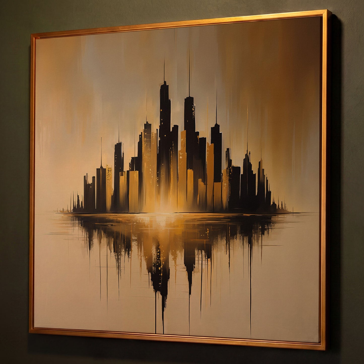 Urban Skyline Canvas Print shown in antique gold floating frame