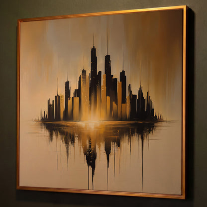 Urban Skyline Canvas Print shown in antique gold floating frame