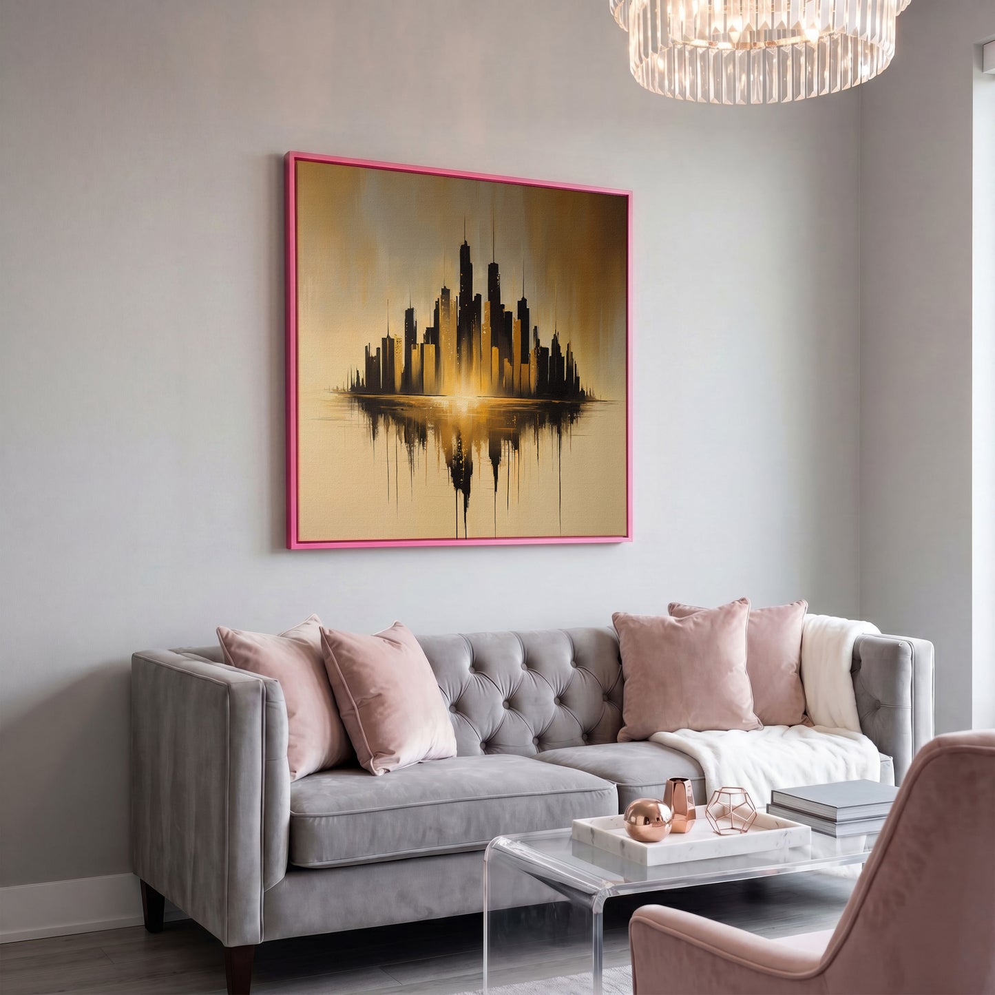 Urban Skyline Canvas Print in pink floating frame