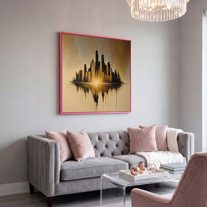 Urban Skyline Canvas Print in pink floating frame