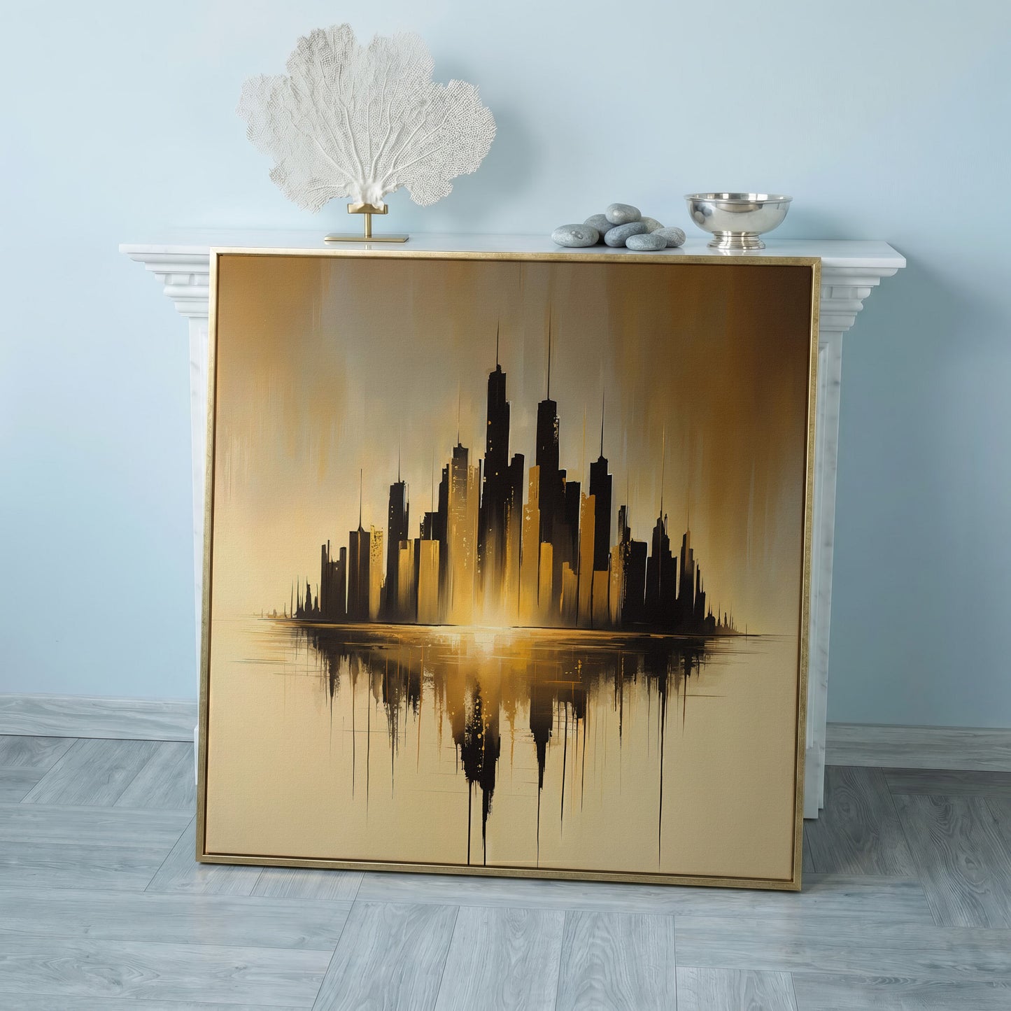 Urban Skyline Canvas Print in rose gold floating frame