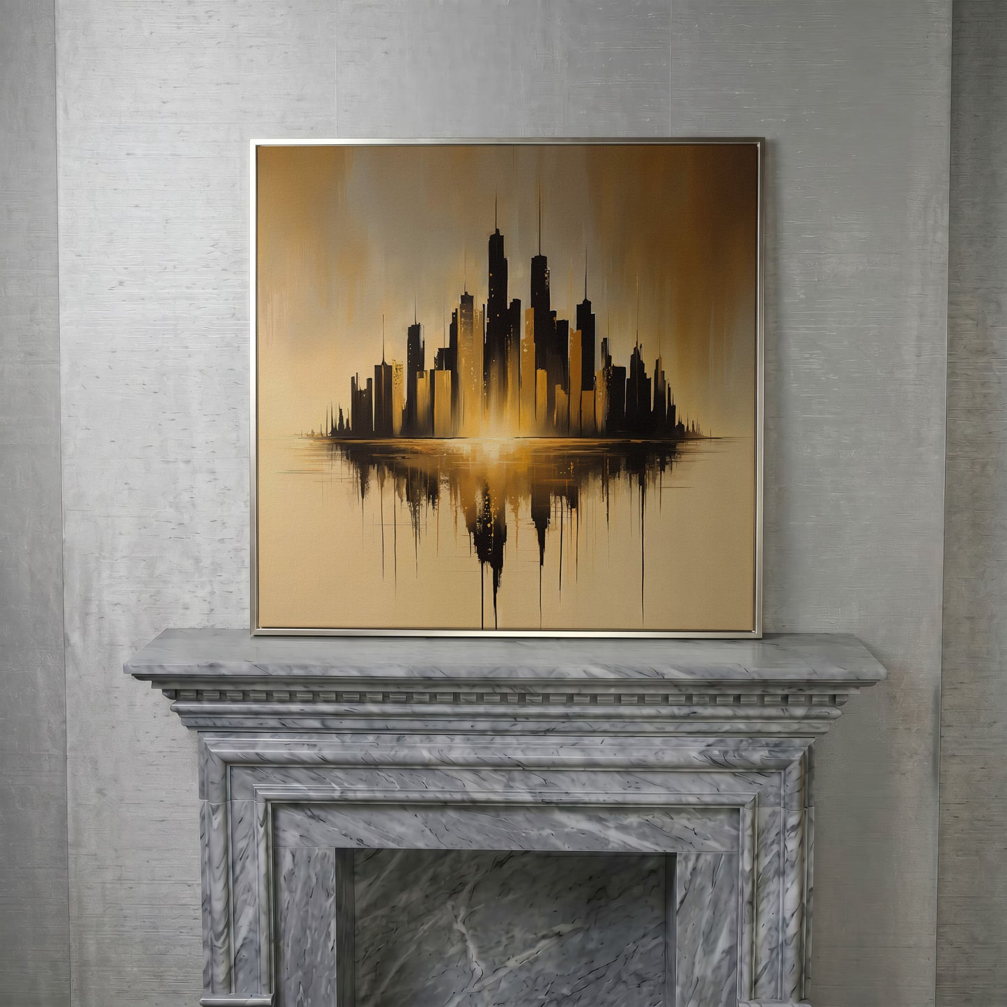 Urban Skyline Canvas Print in silver floating frame