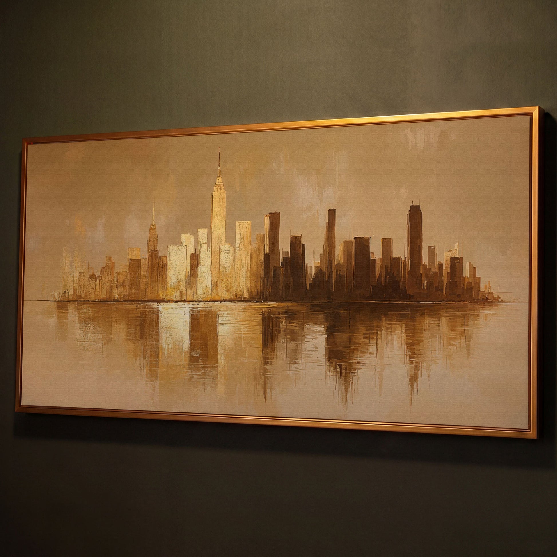 Abstract Urban Cityscape Reflection Canvas shown in antique gold floating frame