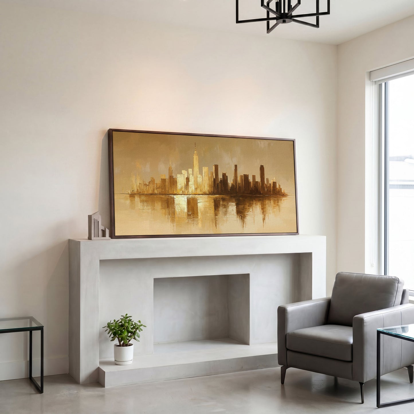 Abstract Urban Cityscape Reflection Canvas in dark walnut floating frame