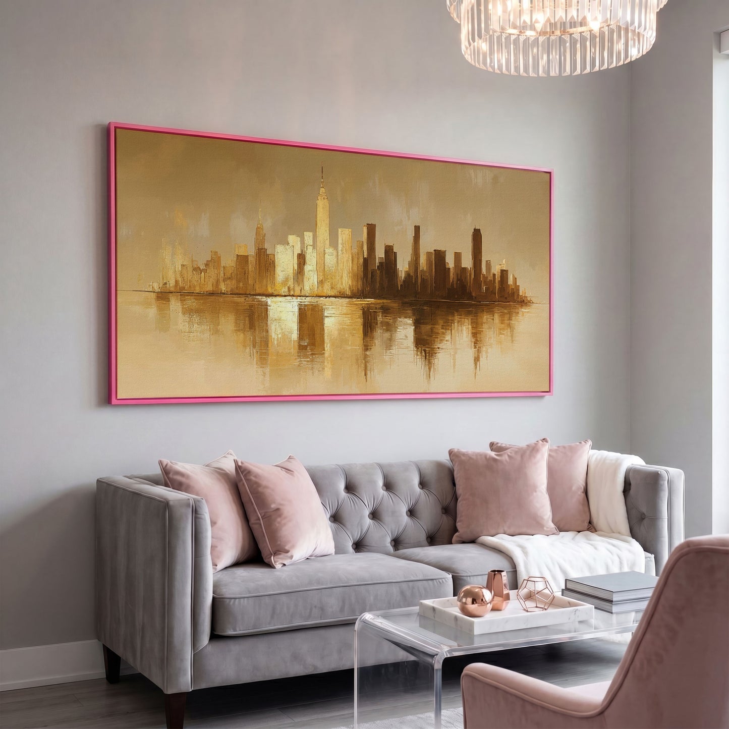 Abstract Urban Cityscape Reflection Canvas in pink floating frame
