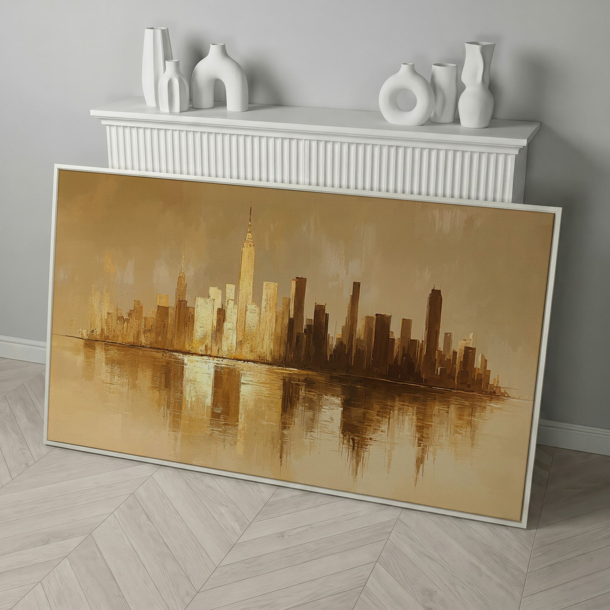 Abstract Urban Cityscape Reflection Canvas in white floating frame