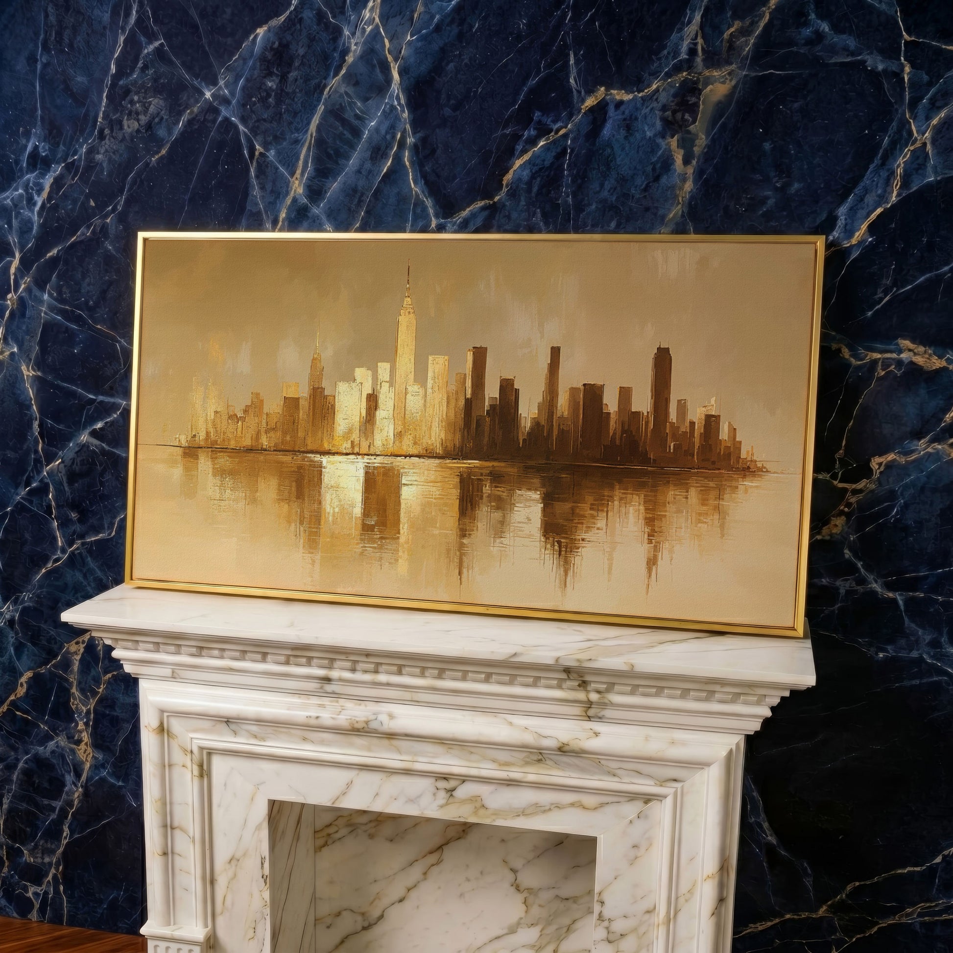 Abstract Urban Cityscape Reflection Canvas in yellow gold floating frame