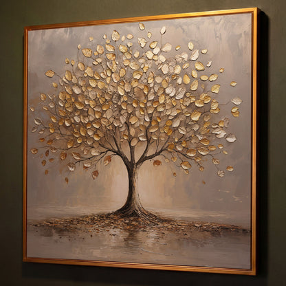 Gold Leaf Tree Canvas shown in antique gold floating frame