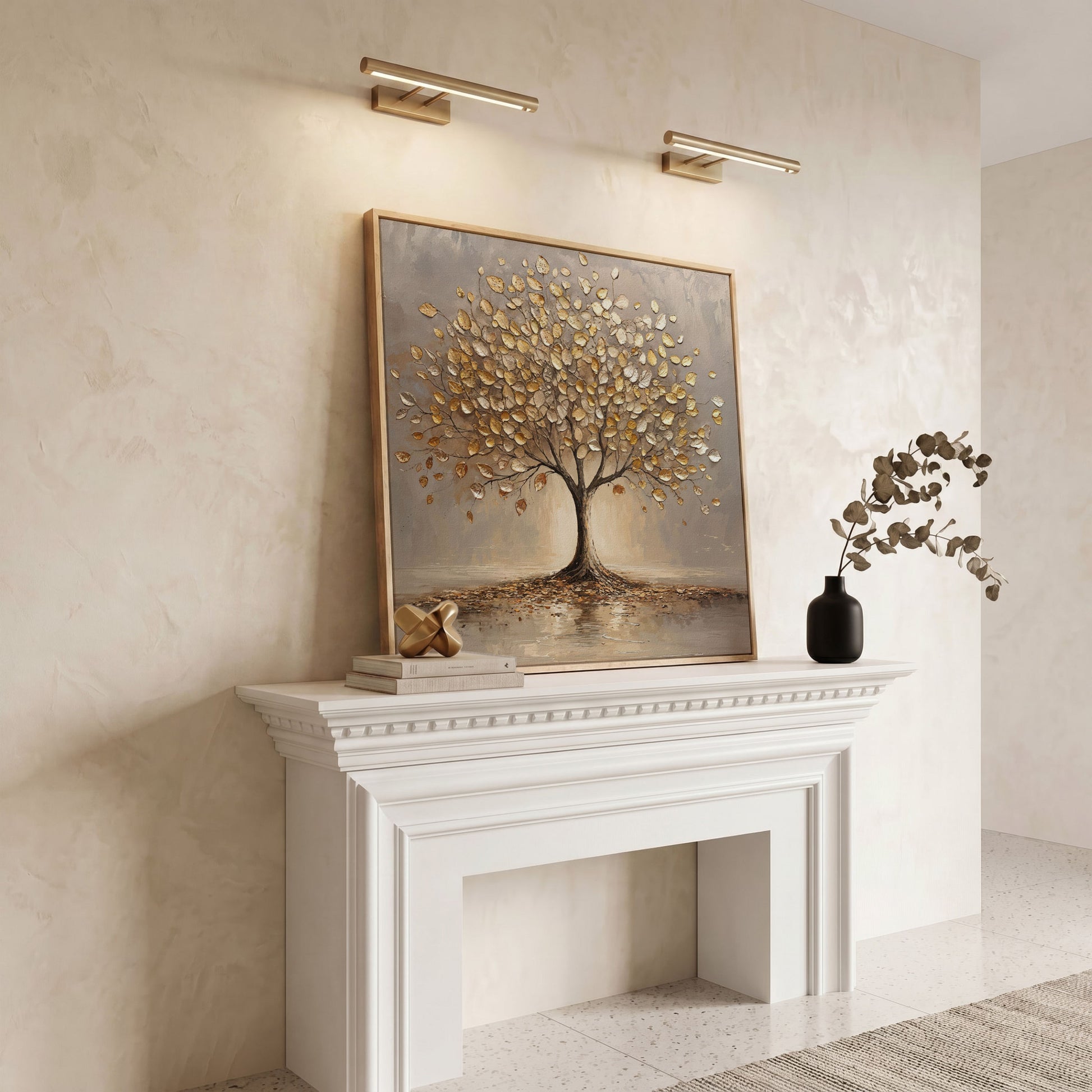 Gold Leaf Tree Canvas in white oak floating frame