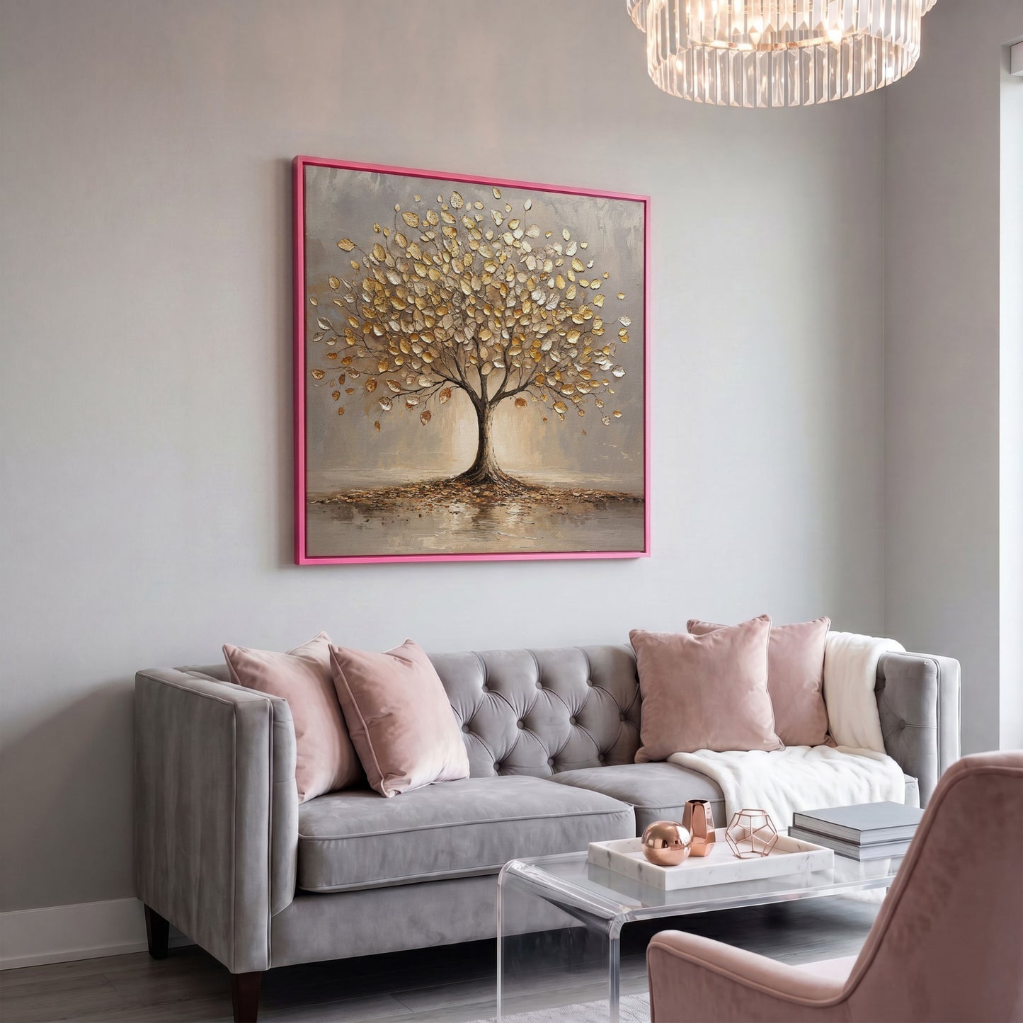 Gold Leaf Tree Canvas in pink floating frame