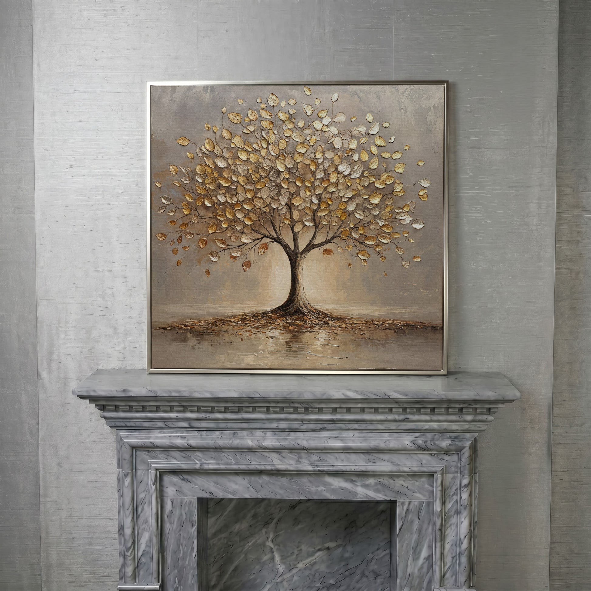 Gold Leaf Tree Canvas in silver floating frame