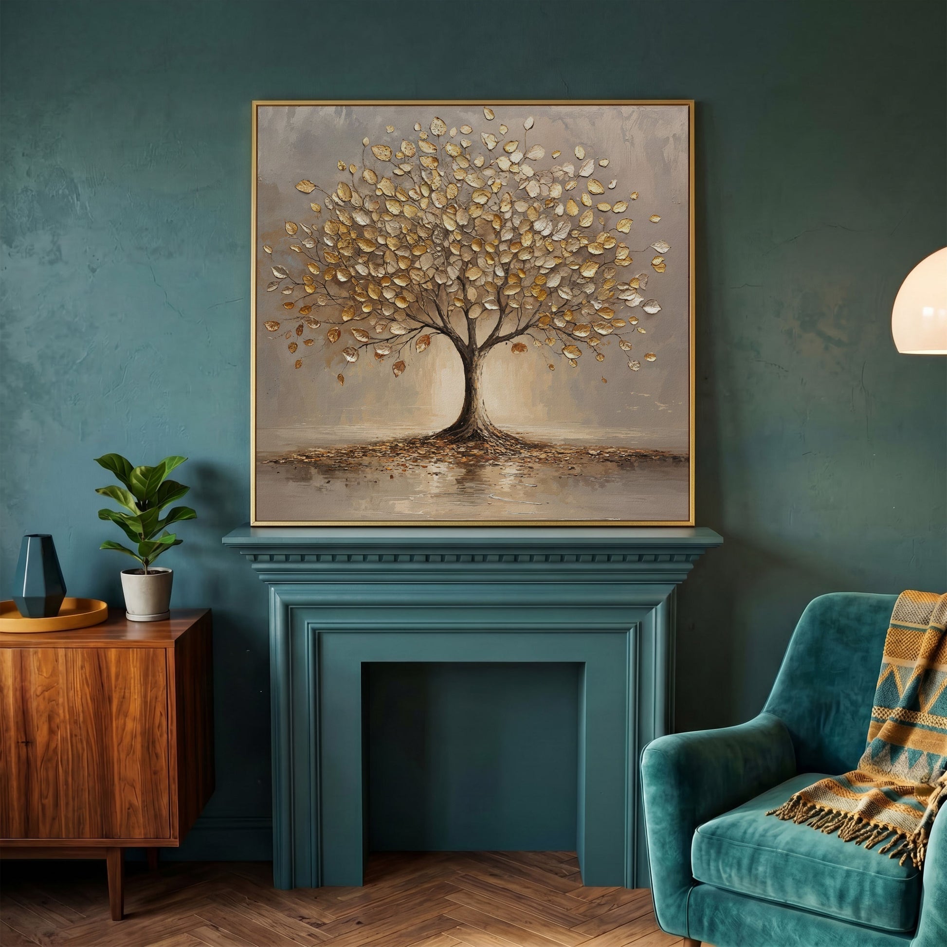Gold Leaf Tree Canvas in yellow gold floating frame