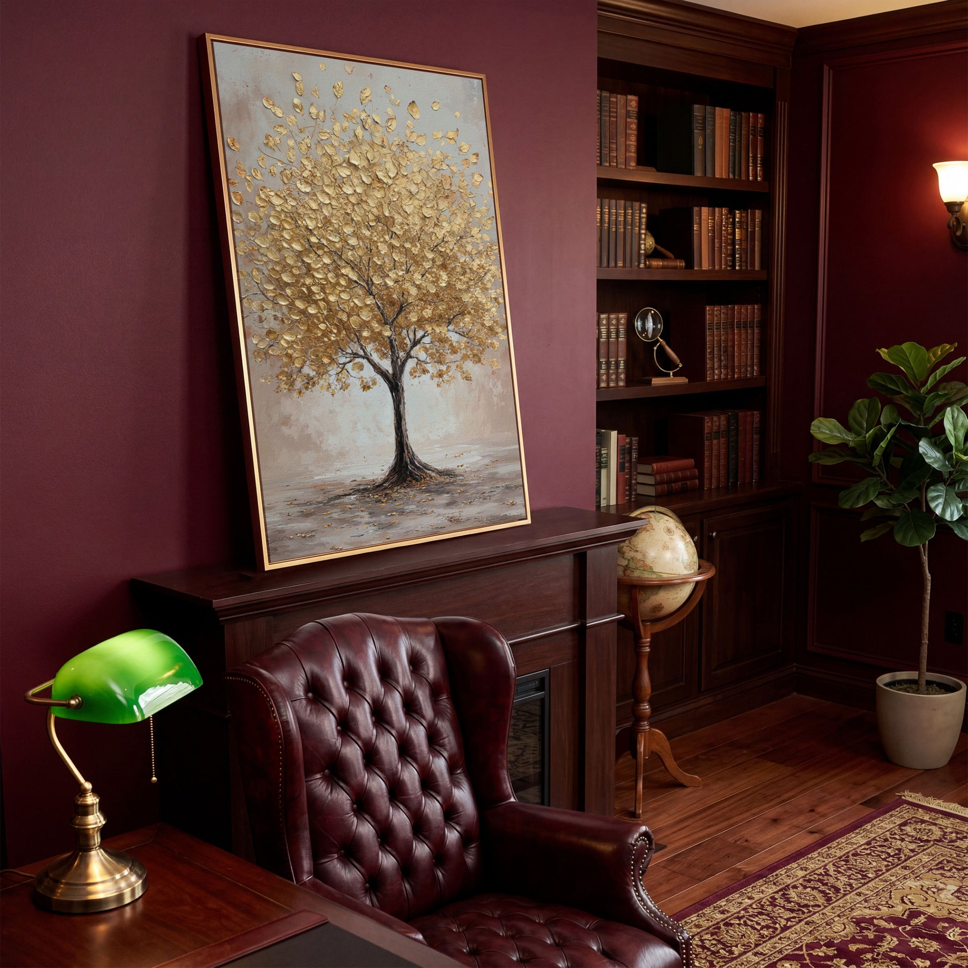 Golden Leaves Tree Canvas Wall Art in antique gold floating frame