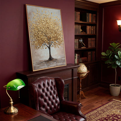 Golden Leaves Tree Canvas Wall Art in antique gold floating frame