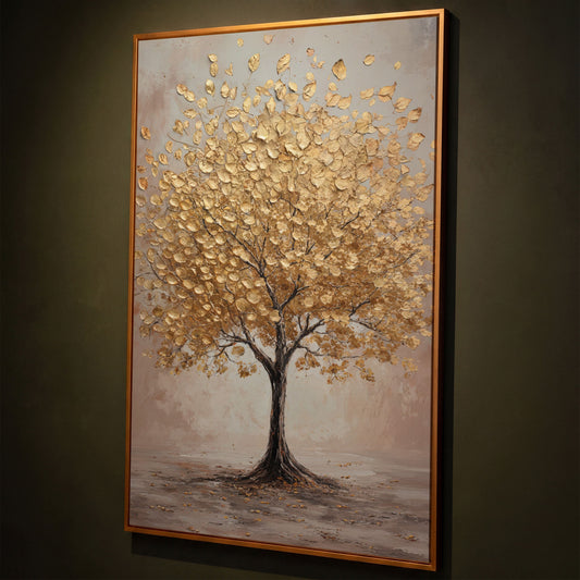 Golden Leaves Tree Canvas Wall Art shown in antique gold floating frame