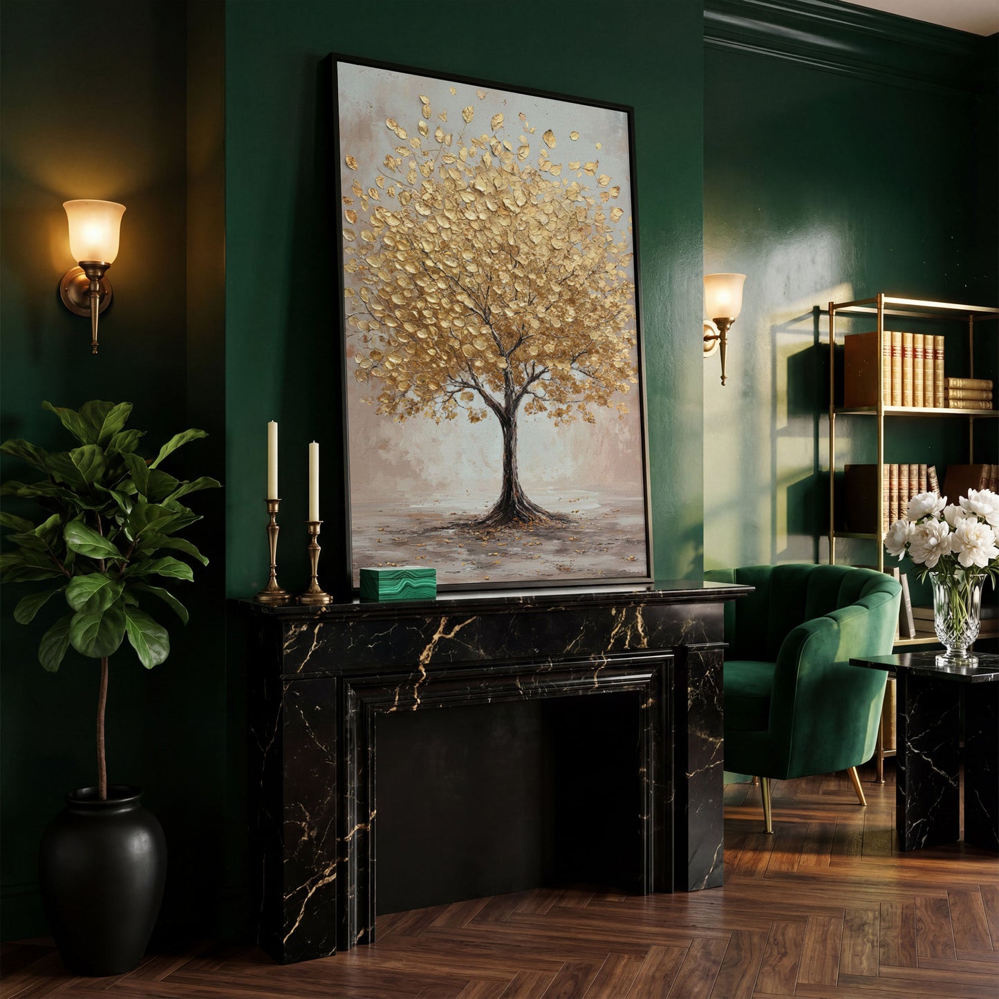 Golden Leaves Tree Canvas Wall Art in black floating frame