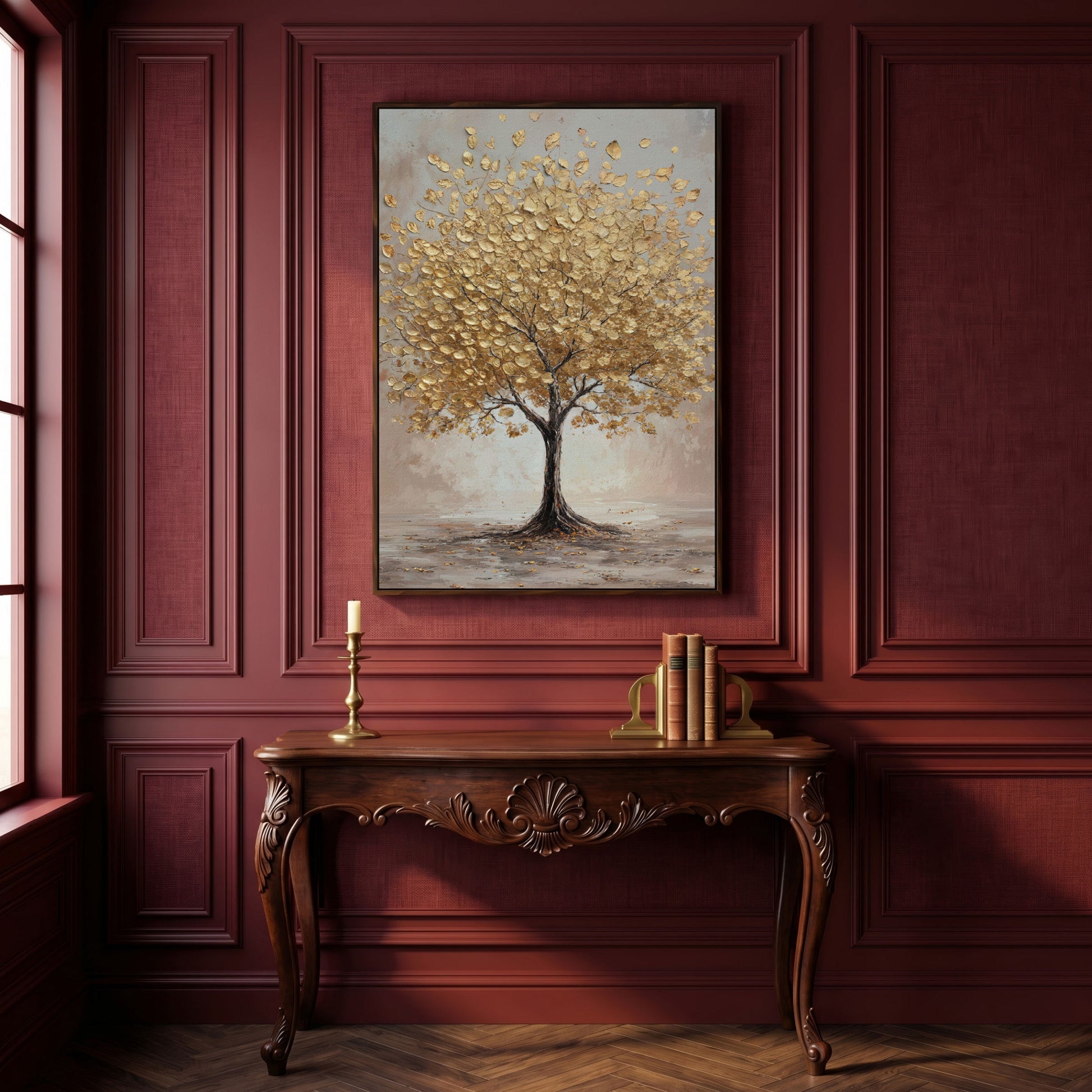 Golden Leaves Tree Canvas Wall Art in dark walnut floating frame