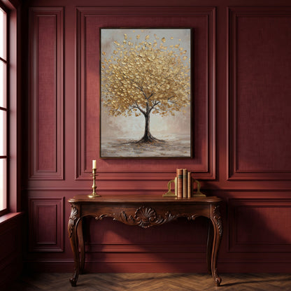 Golden Leaves Tree Canvas Wall Art in dark walnut floating frame