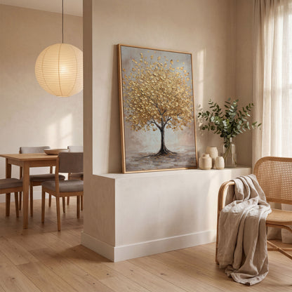 Golden Leaves Tree Canvas Wall Art in white oak floating frame
