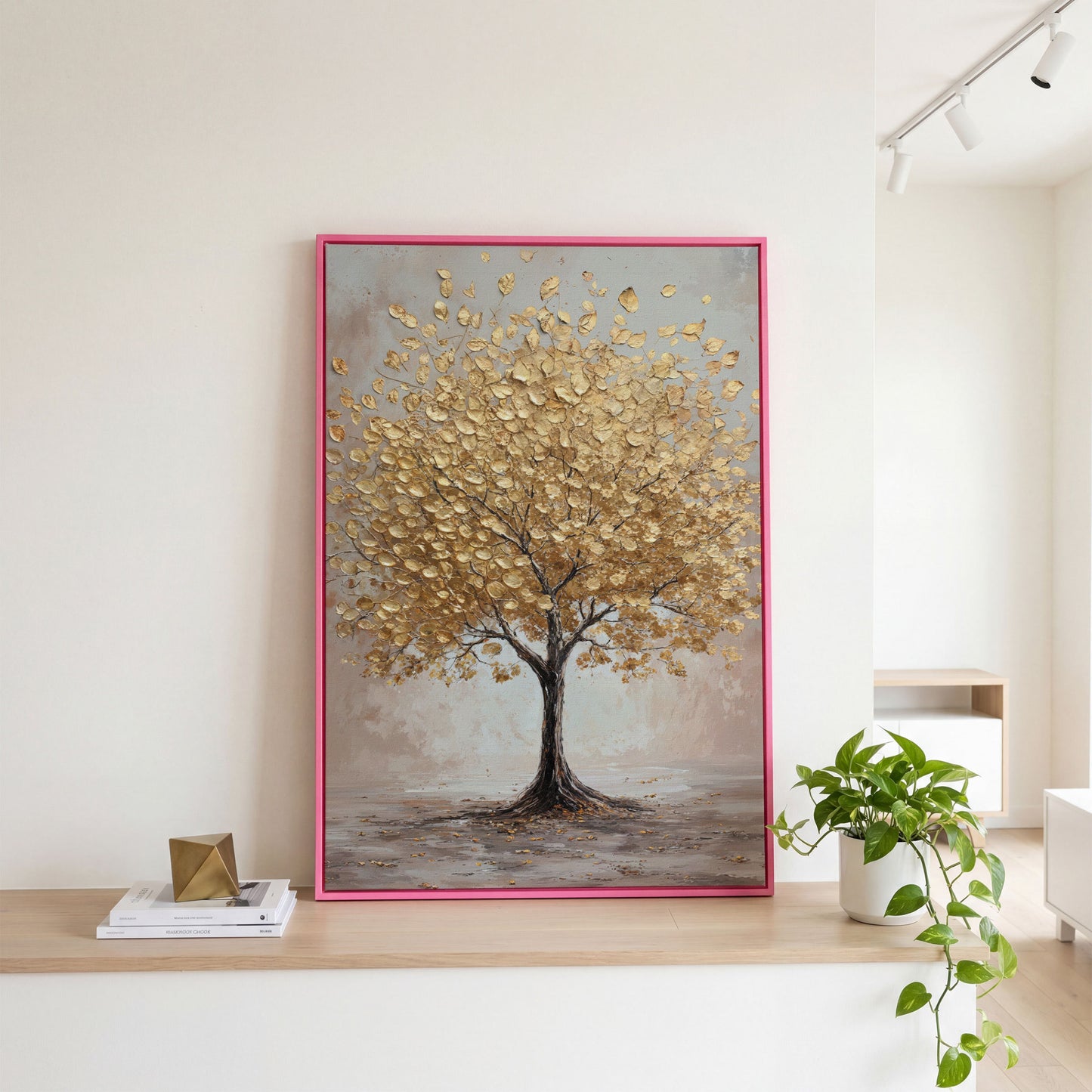 Golden Leaves Tree Canvas Wall Art in pink floating frame