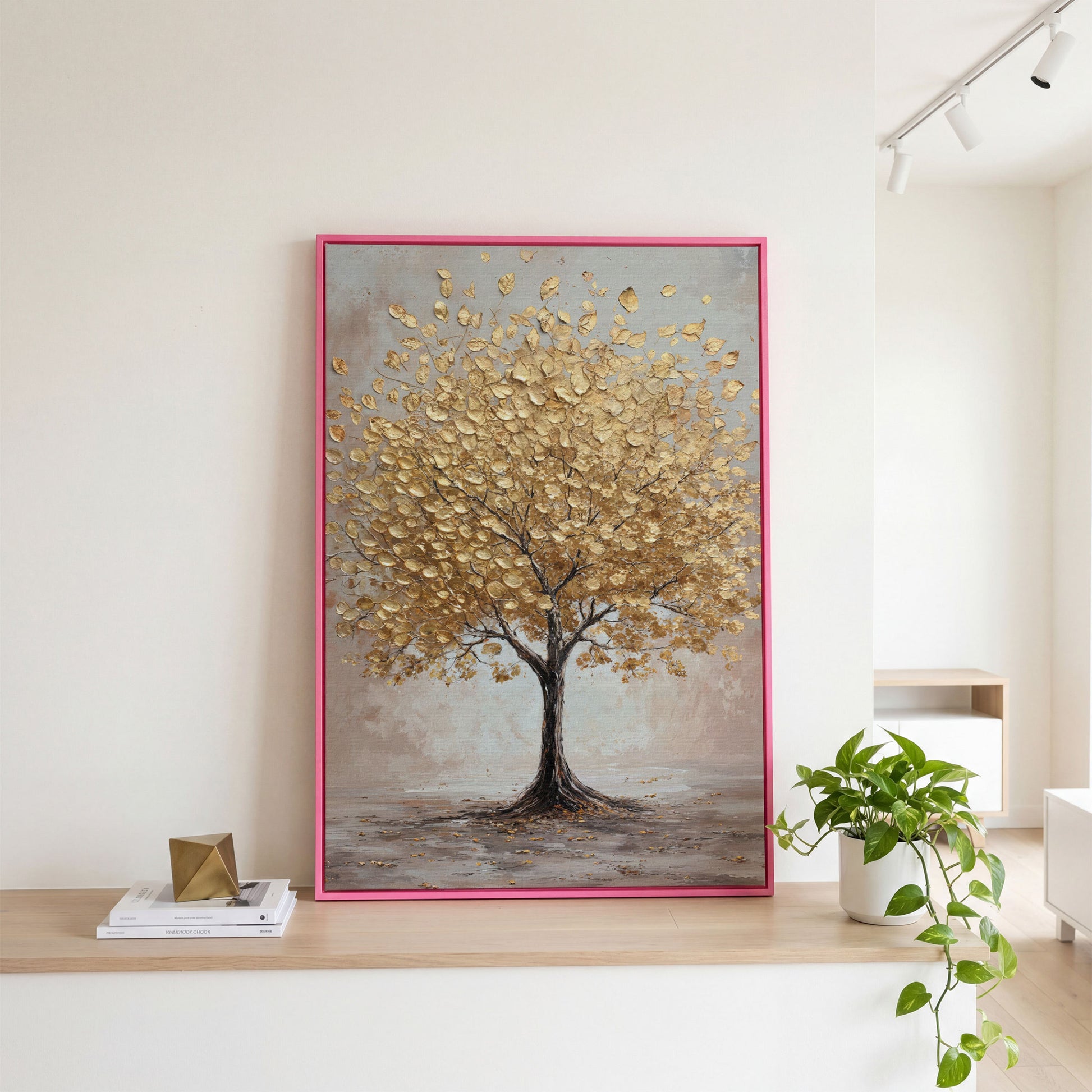 Golden Leaves Tree Canvas Wall Art in pink floating frame