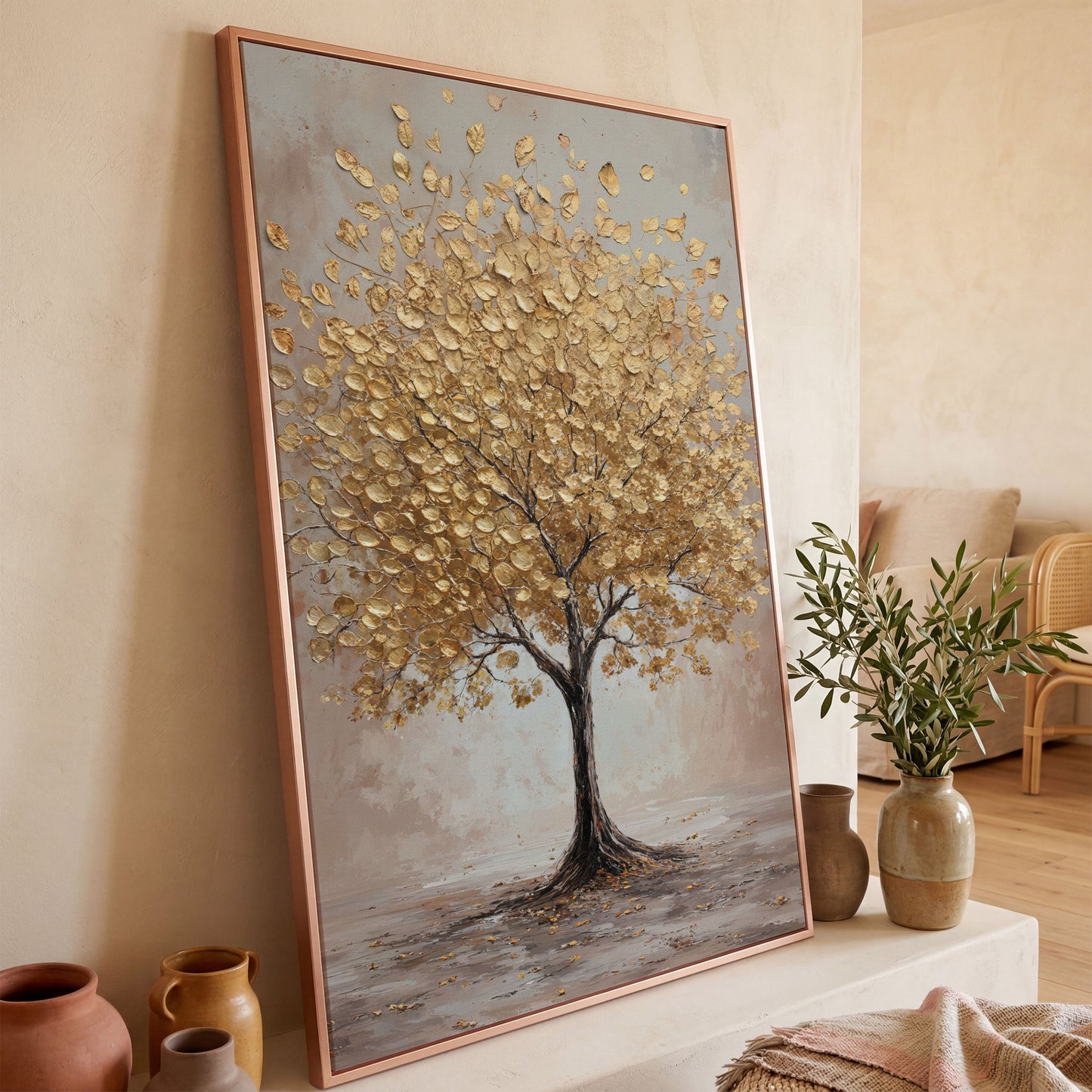 Golden Leaves Tree Canvas Wall Art in rose gold floating frame