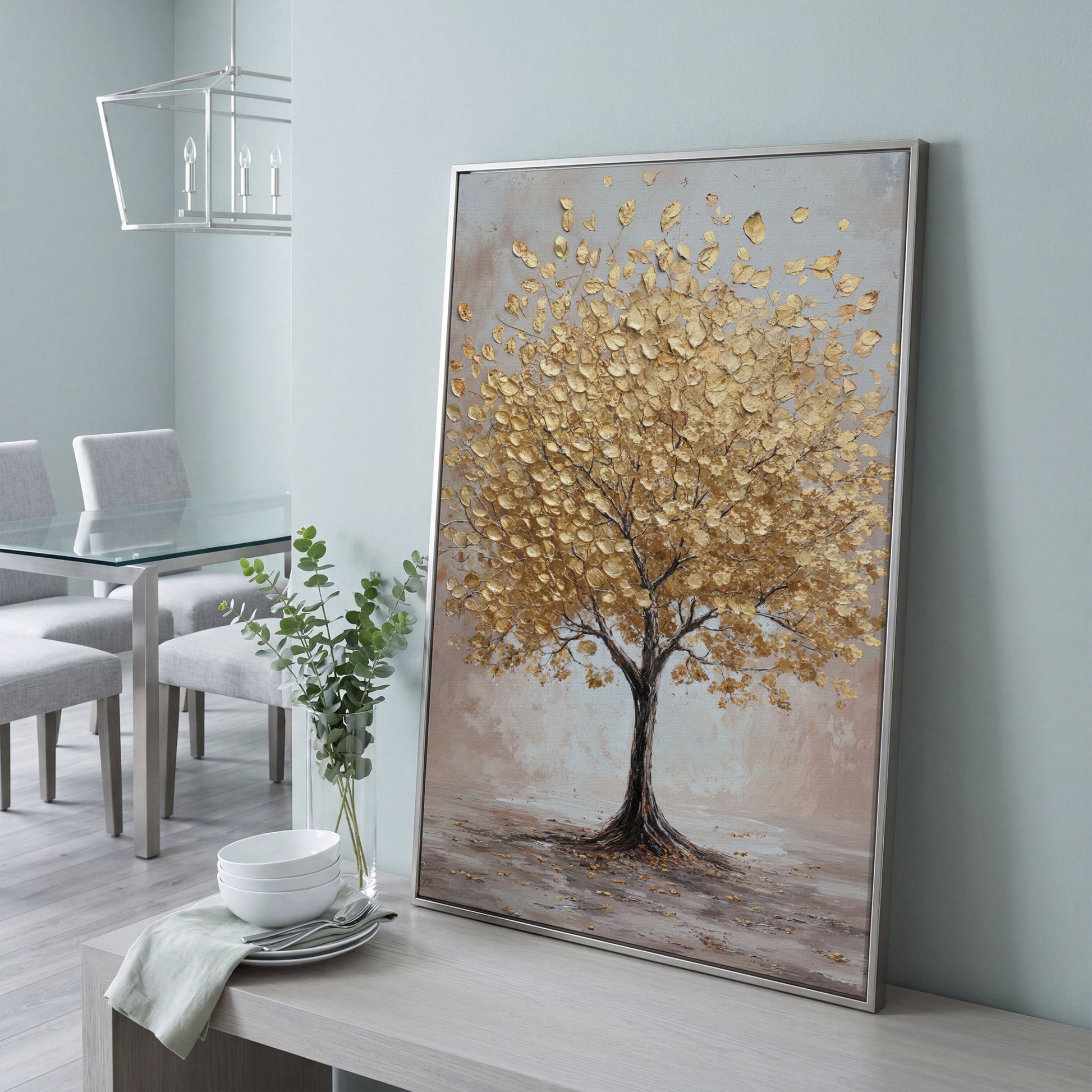 Golden Leaves Tree Canvas Wall Art in silver floating frame
