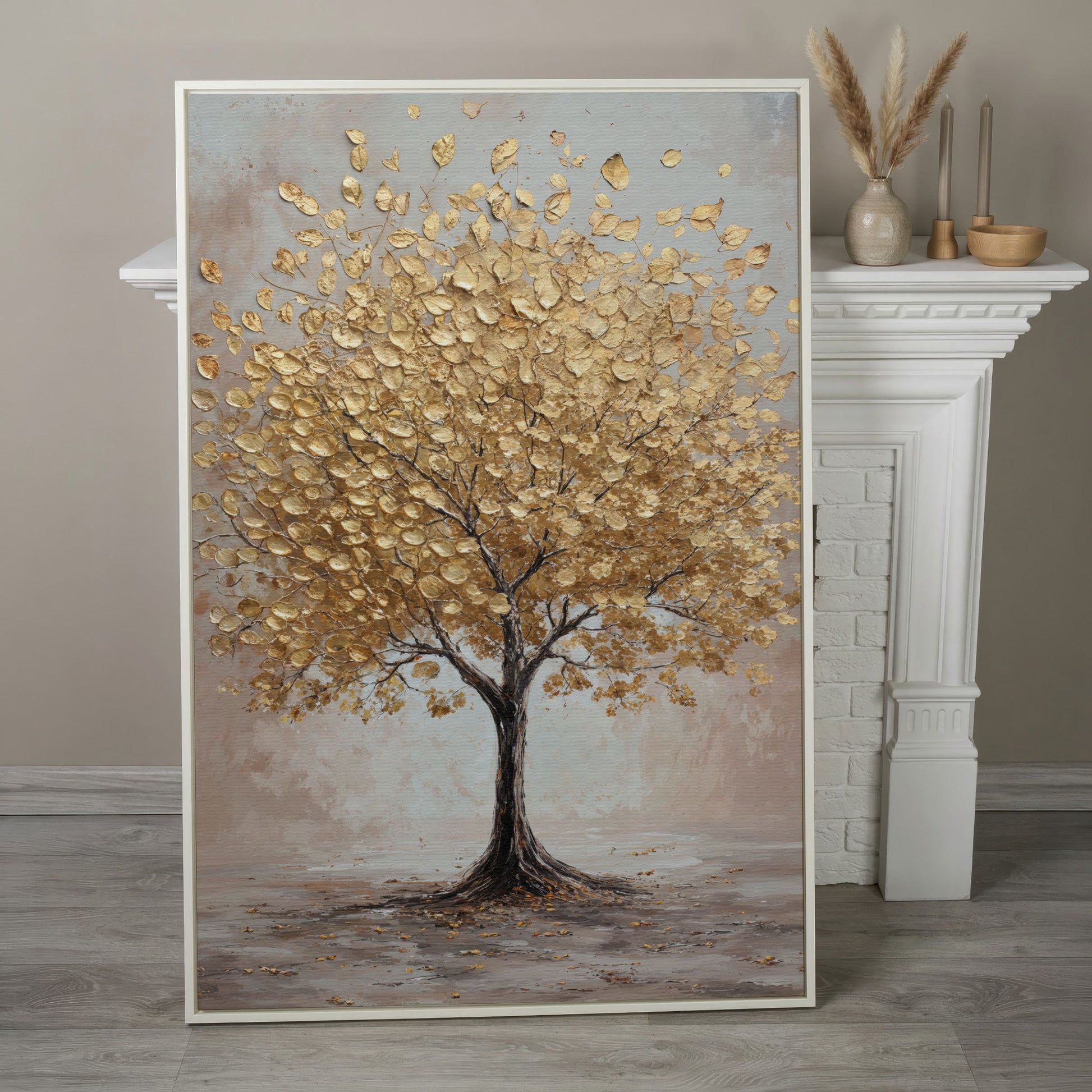 Golden Leaves Tree Canvas Wall Art in white floating frame