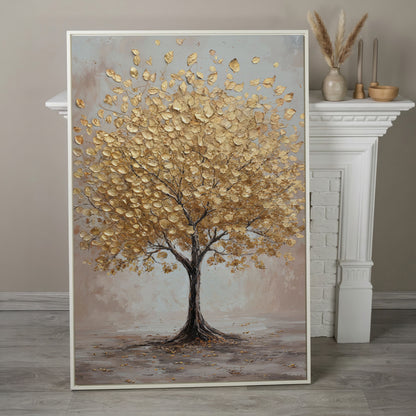 Golden Leaves Tree Canvas Wall Art in white floating frame