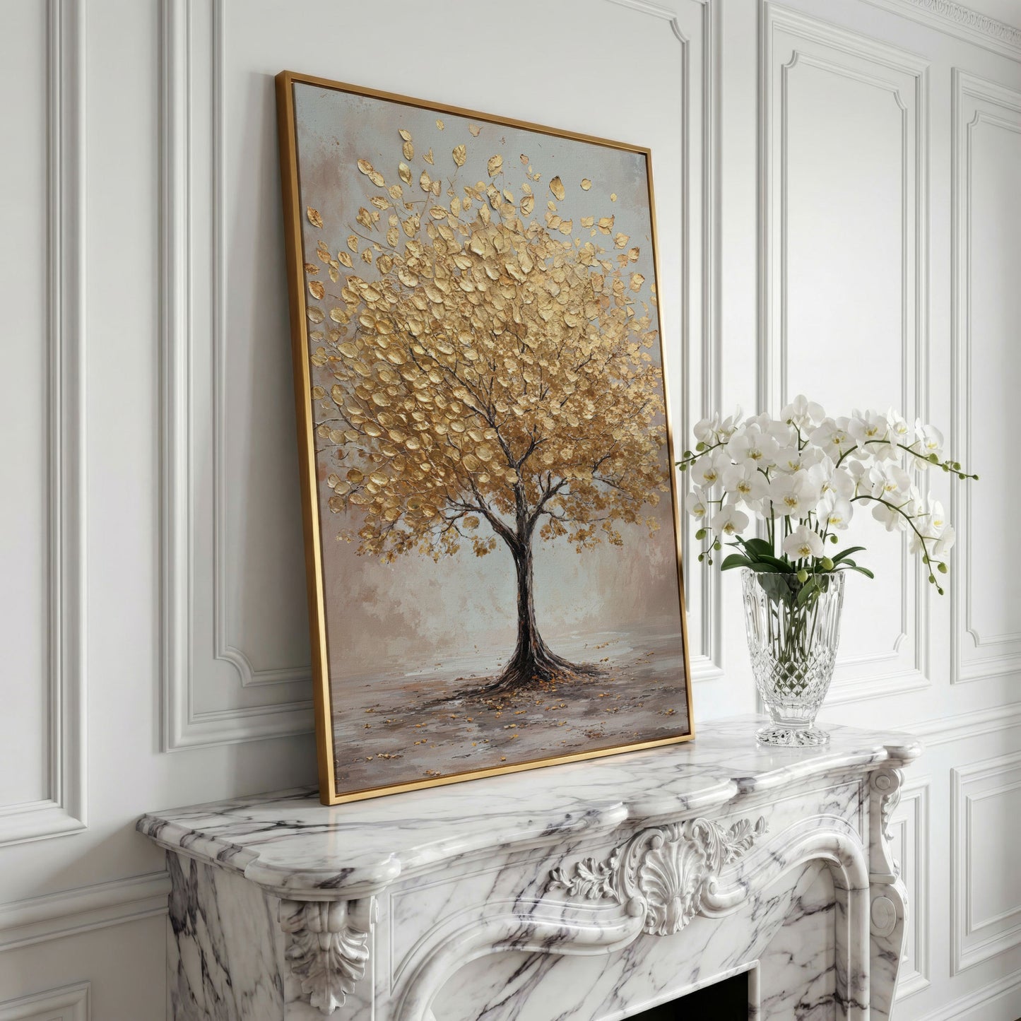 Golden Leaves Tree Canvas Wall Art in yellow gold floating frame