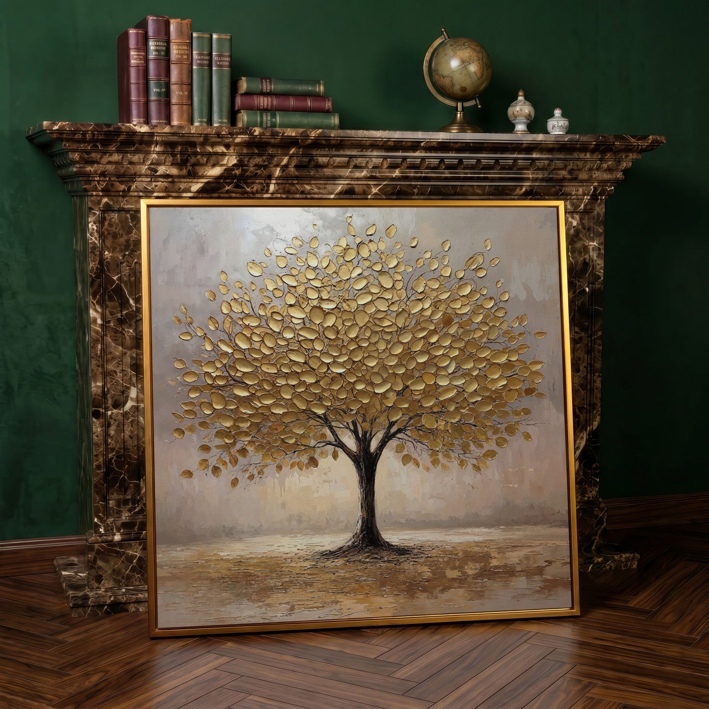 Elegant Tree with Golden Leaves Canvas in antique gold floating frame