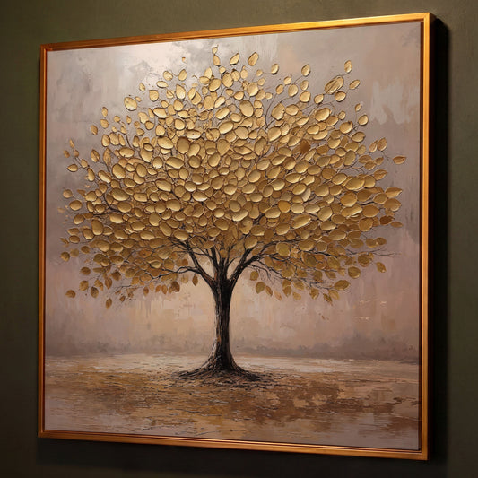Elegant Tree with Golden Leaves Canvas shown in antique gold floating frame