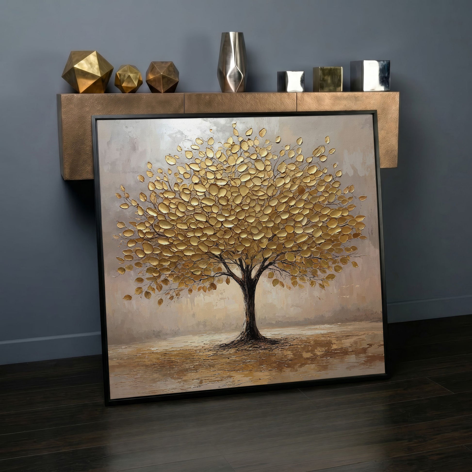 Elegant Tree with Golden Leaves Canvas in black floating frame