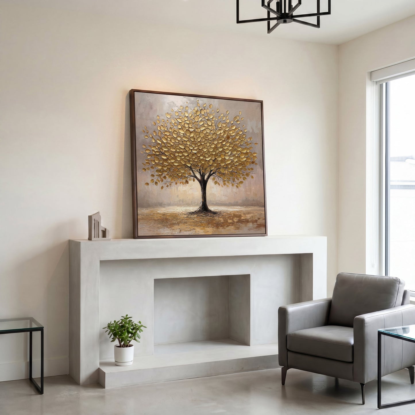 Elegant Tree with Golden Leaves Canvas in dark walnut floating frame
