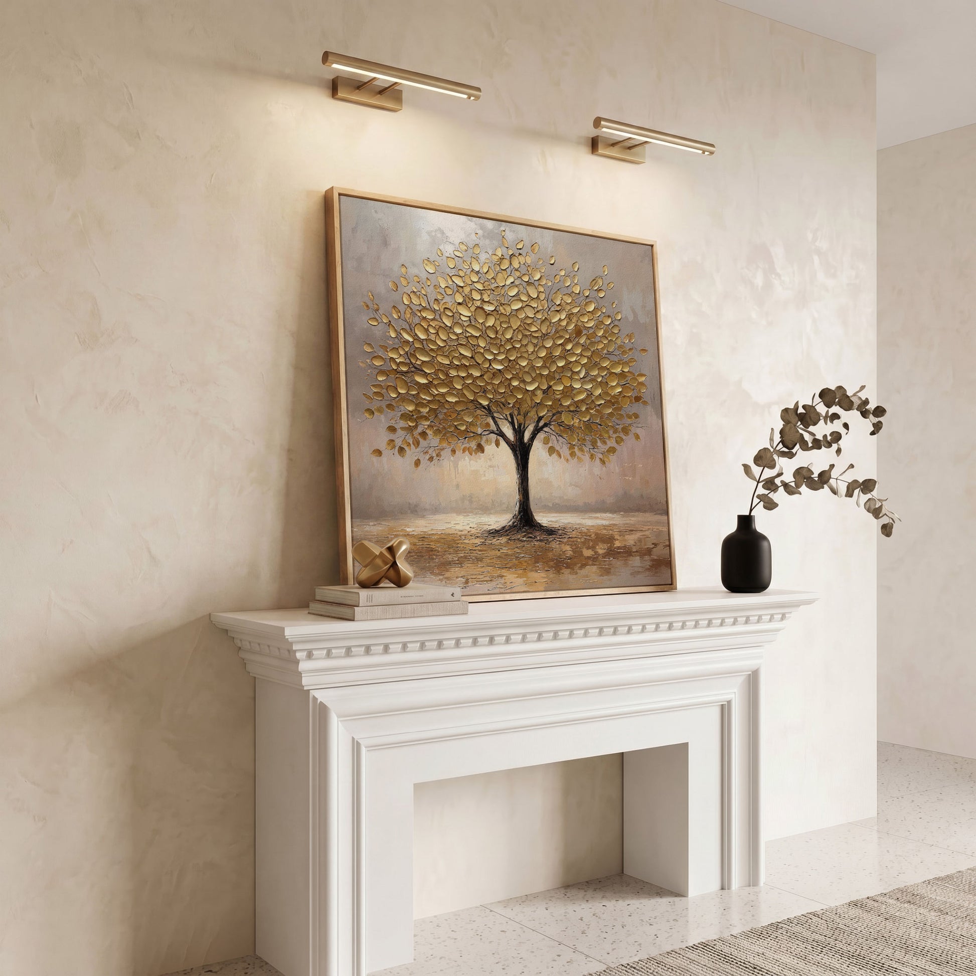 Elegant Tree with Golden Leaves Canvas in white oak floating frame