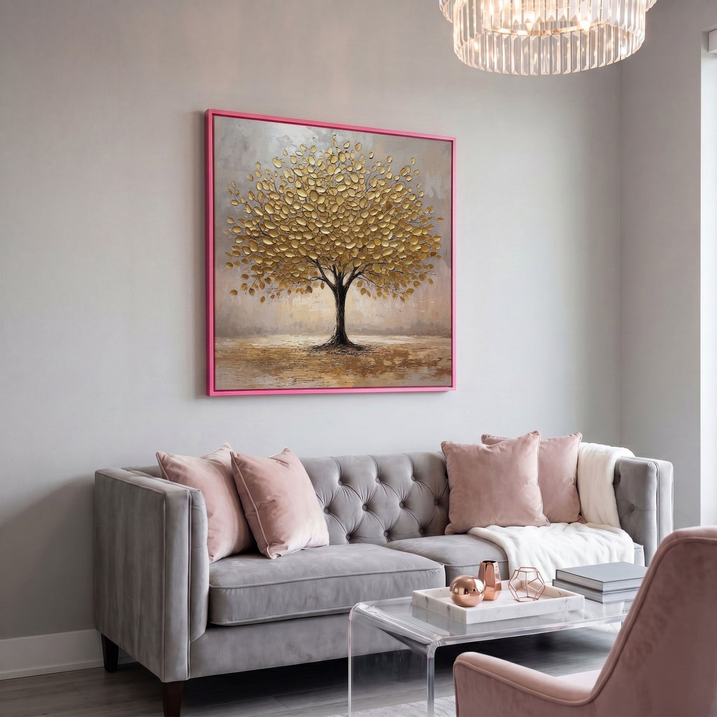 Elegant Tree with Golden Leaves Canvas in pink floating frame