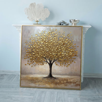 Elegant Tree with Golden Leaves Canvas in rose gold floating frame